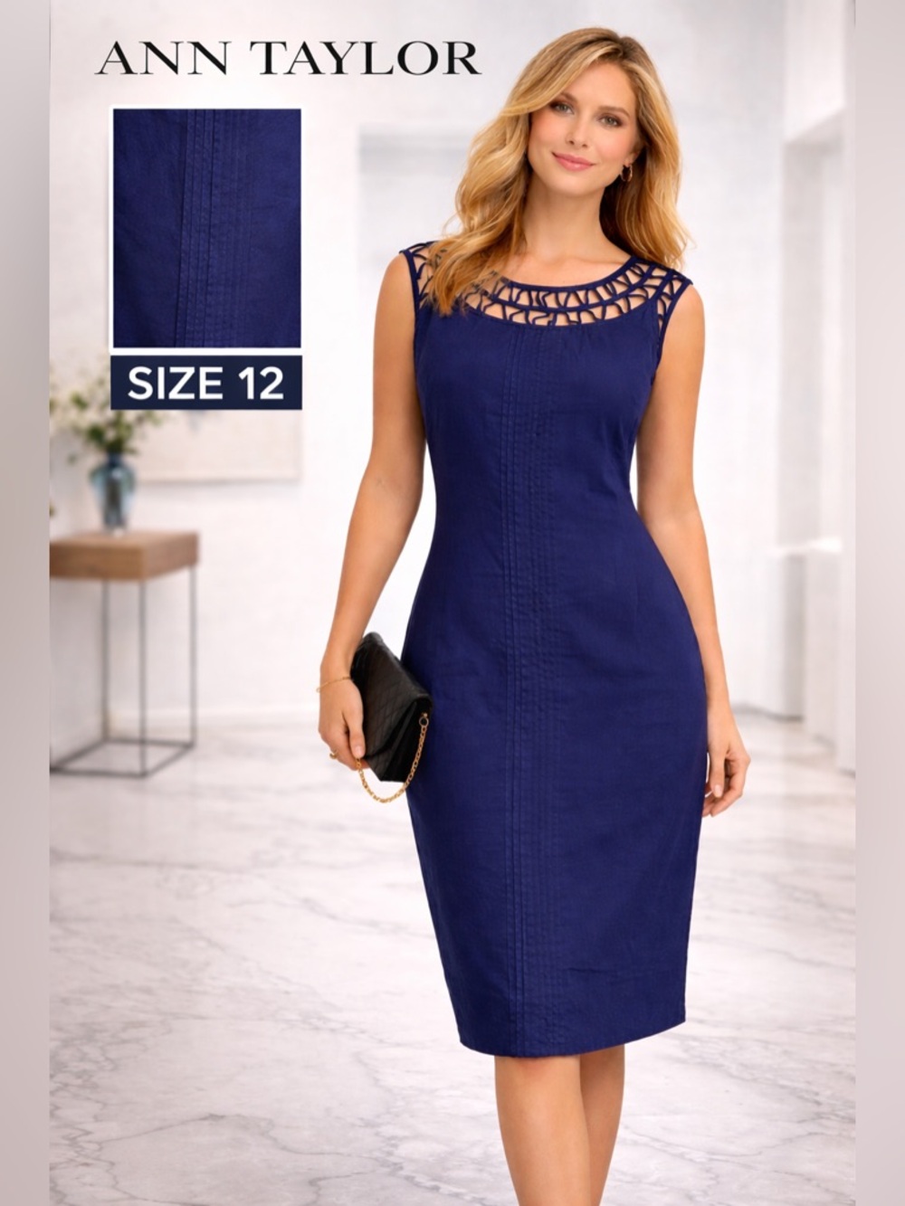 Ann Taylor,Navy Textured Sheath Dress Lattice Neckline Pintuck-Panel,Size 12